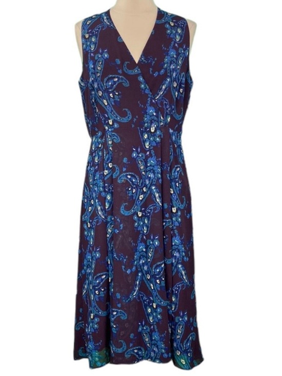 CAbi Dresses & Skirts - CAbi Floral Paisley V-Neck Dress in Plum & Teal Blue with Pockets & Hidden Zip